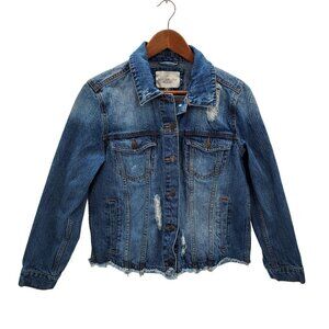 Ashley Vintage Charm Womens Button Front Denim Jean Jacket Sz S Small Distressed
